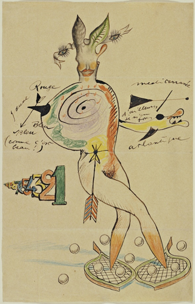 Cadavre Exquis with Yves Tanguy, Joan Miró, Max Morise, Man Ray, NUDE, 1927. Composite drawing of ink, pencil, and colored pencil on paper, 35.9 x 22.9 cm - The Museum of Modern Art, New York (MoMA) 