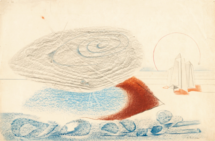 Sir Roland Penrosa, SURREALIST LANDSCAPE, c. 1932. Color crayon, graphite and frottage on paper 31.8 x 48.9cm - Private Collection, Pennsylvania,USA
