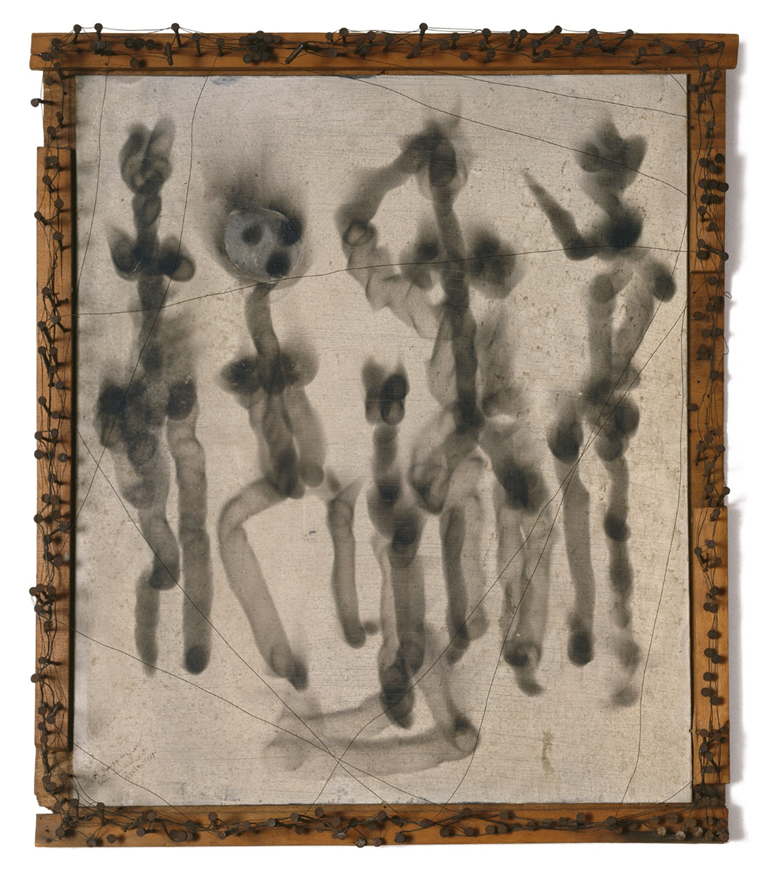 Wolfgang Paalen, UNTITLED, 1937. Fumage(Smoke Painting) oil, candle burns, and wooden strip with nails and wire on canvas, 60,7 × 52,7 cm - National Museums in Berlin, National Gallery, Scharf-Gerstenberg Collection
