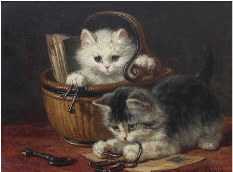 "Two kittens playing with keys by a wicker basket" by Henriette Ronner-Knip