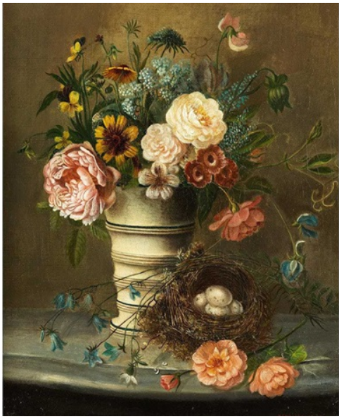 "BLUMEN IN VASE NEBST VOGELNEST" by Henriette Ronner-Knip