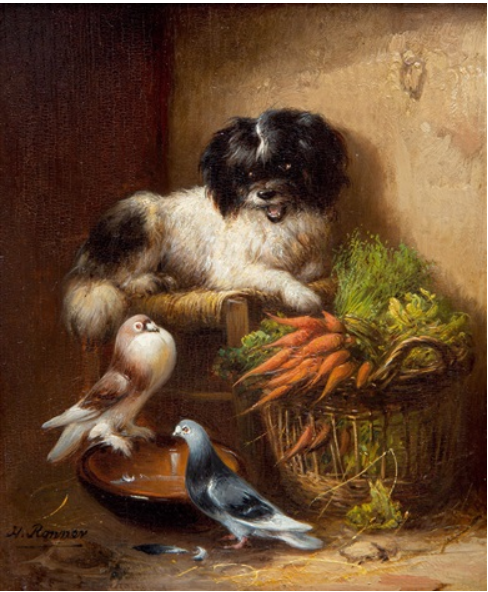 "A dog and two pigeons near the vegetable basket" by Henriette Ronner-Knip