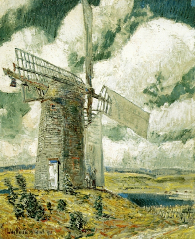"Bending Sail on the Old Mill" by Childe Hassam