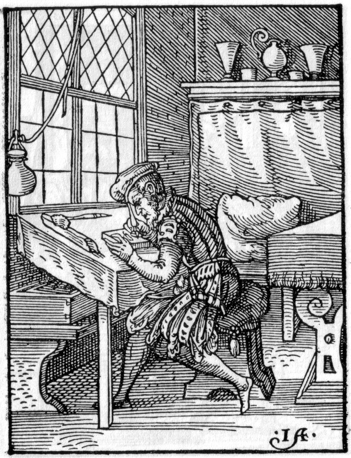 Block Cutter at Work woodcut by Jost Amman, 1568