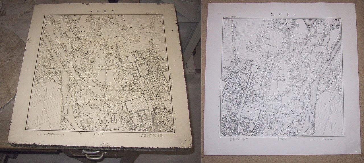 Lithografiestein und Stadtplan von München