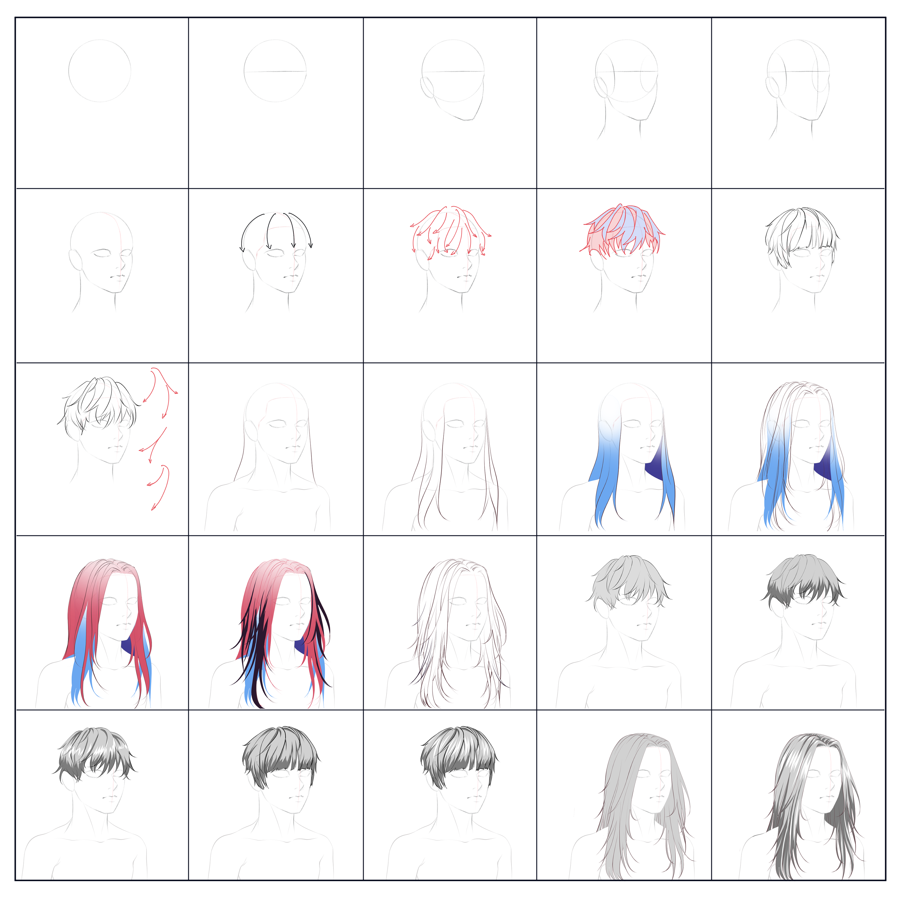 Anime Hair Drawing easy Lesson, Step by Step Drawing
