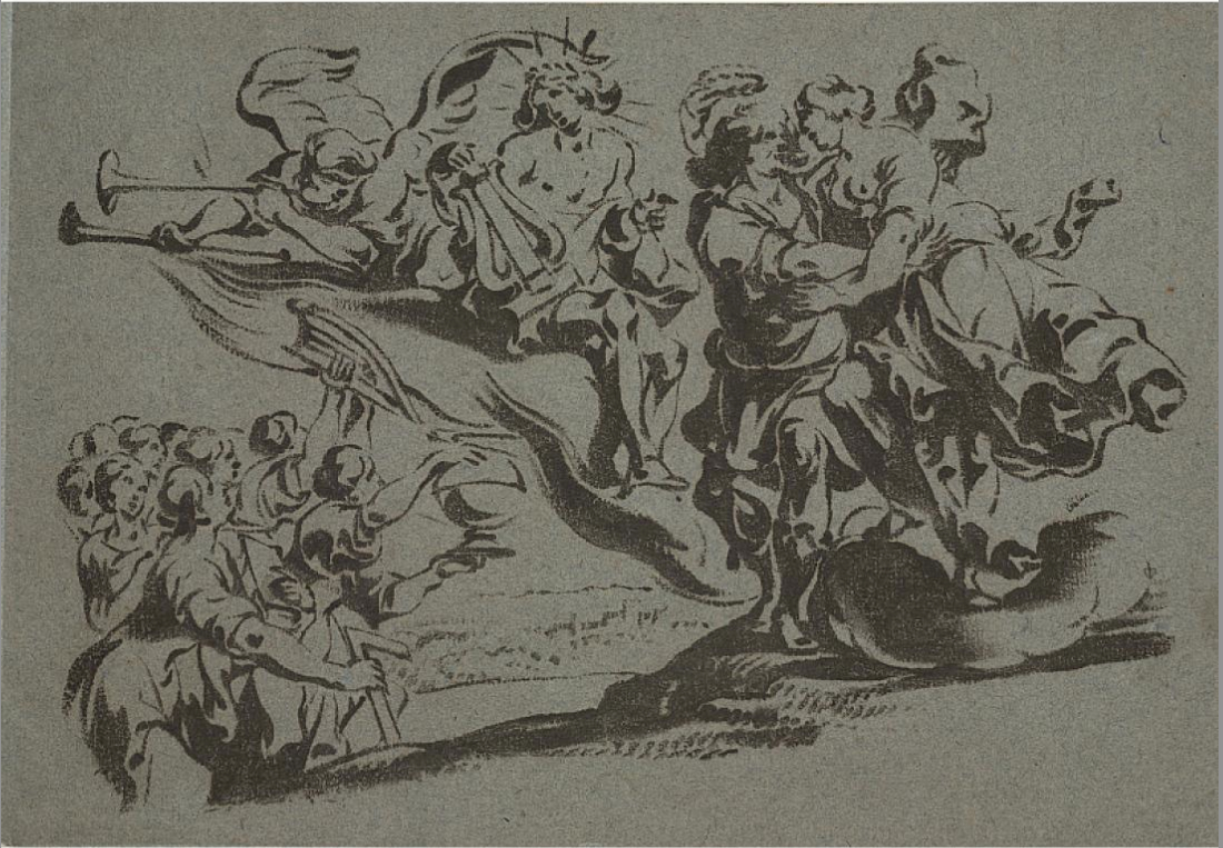 Mythological scene with Apollo, Fame, and the Muses by Antoon Sallaert