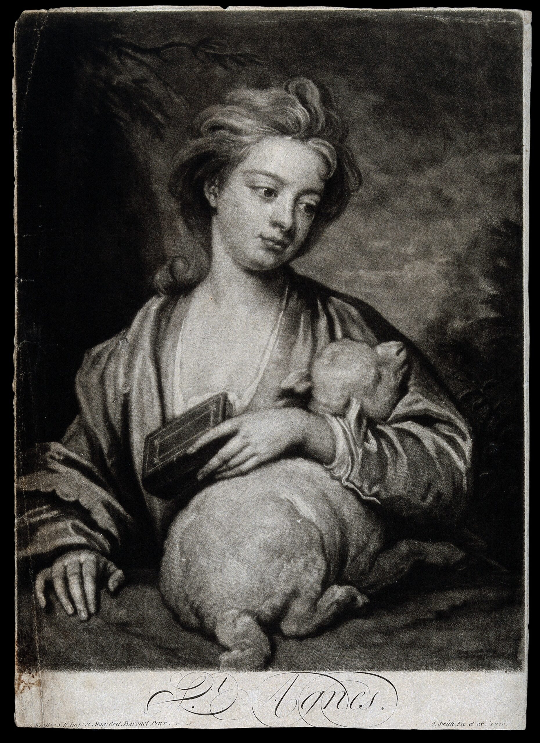 Saint Agnes, mezzotint by John Smith after Godfrey Kneller