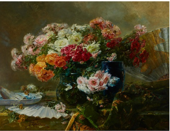 "STILL LIFE OF FLOWERS WITH FANS" by Pierre Nicolas Euler
