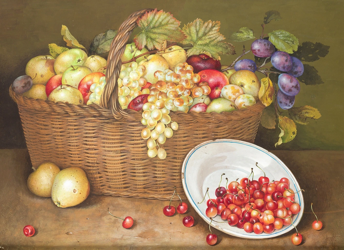 "Bodegón con cesto de frutas" by José Escofet