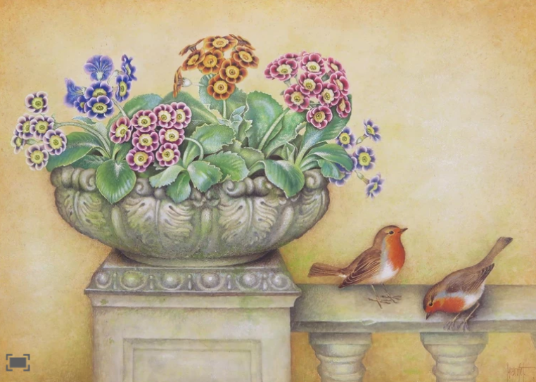 "Still life of Auriculas and Robins" by José Escofet