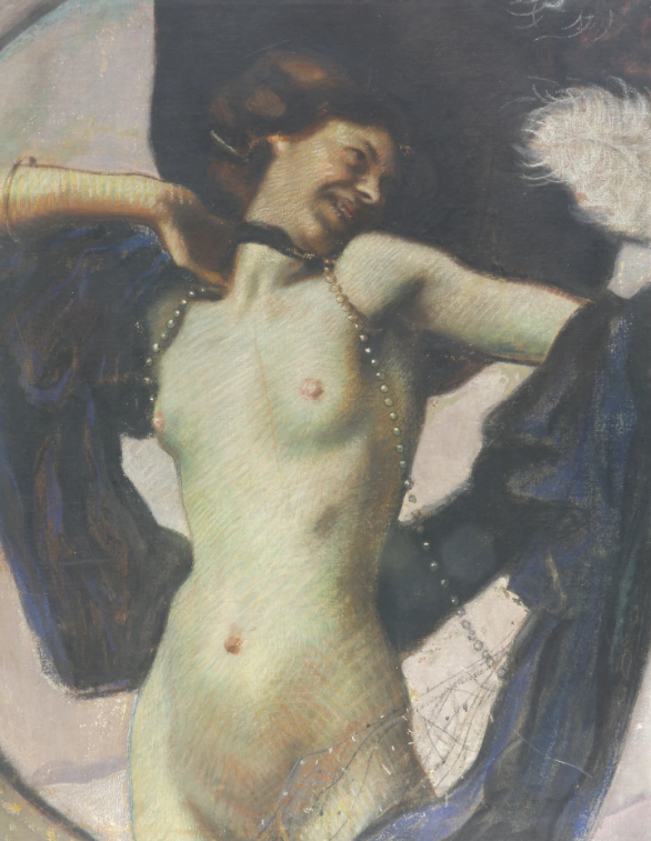 "Female nude, dancer with scarf and pearl necklace" by Hugo von Habermann