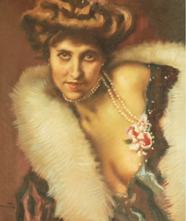 "Portrait of a lady with fur and a pearl necklace in a seductive pose" by Hugo von Habermann