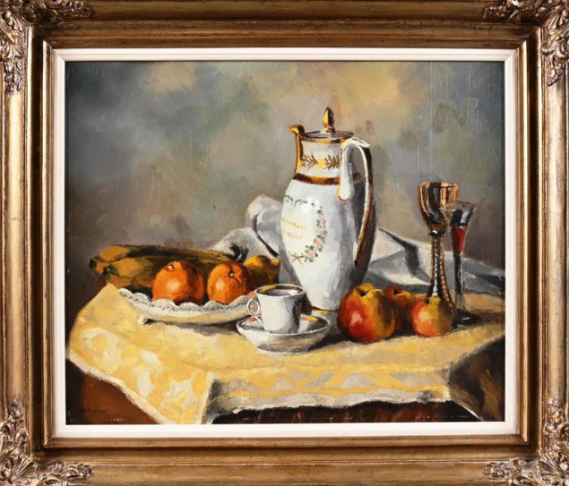 "Nature morte à la cafetière et fruits" by Louis Buisseret