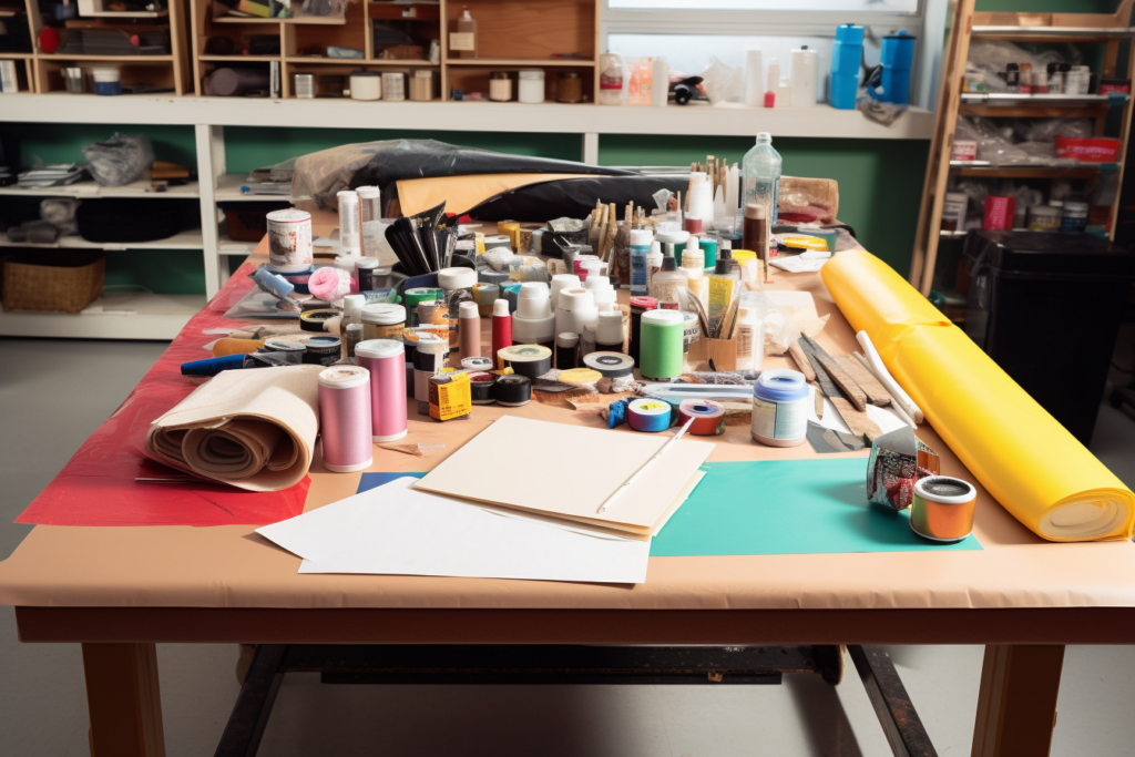 Table with Crafts Materials including Balsa Wood