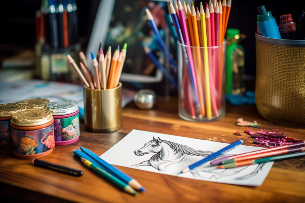 Page de coloriage de chevaux sur un bureau