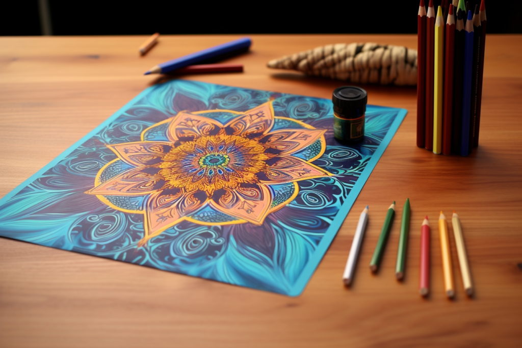 Mandala Färbung Seite auf dem Schreibtisch