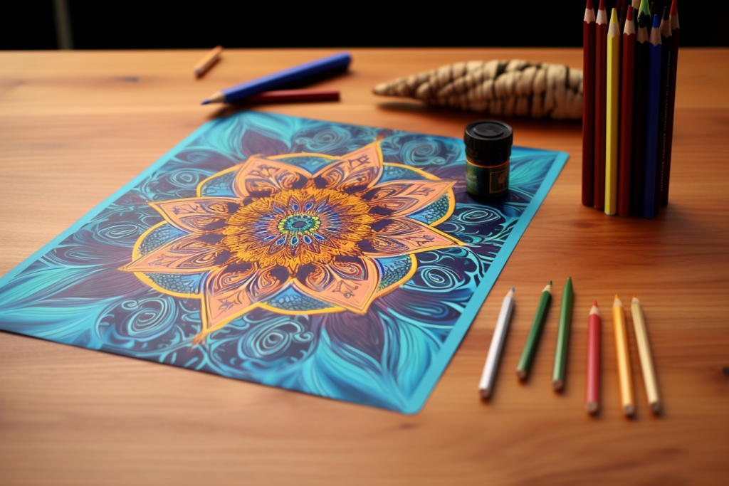 Mandala para colorear sobre escritorio